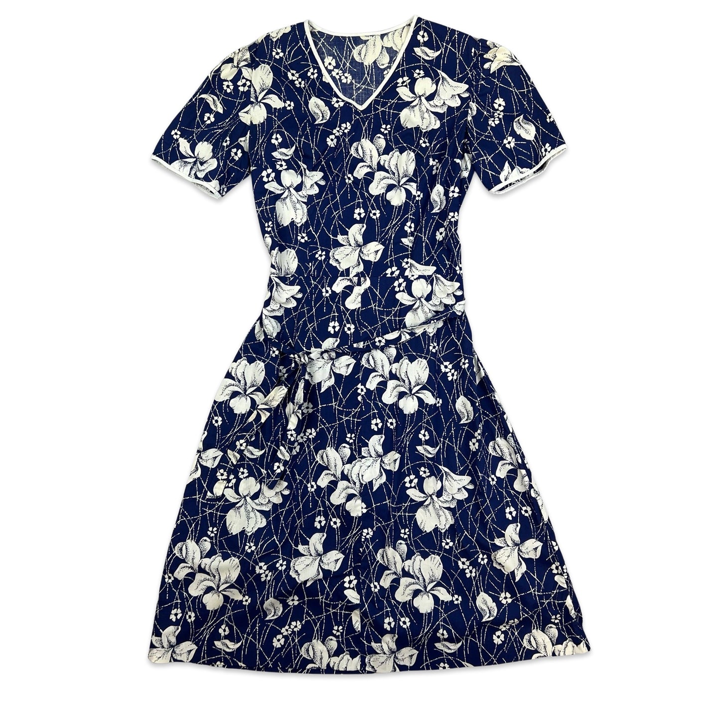 70s Vintage Tea Floral Dress Blue White 8 10