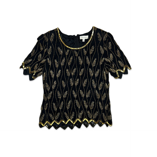 Vintage 80s Sequin Blouse Black Gold 8 10