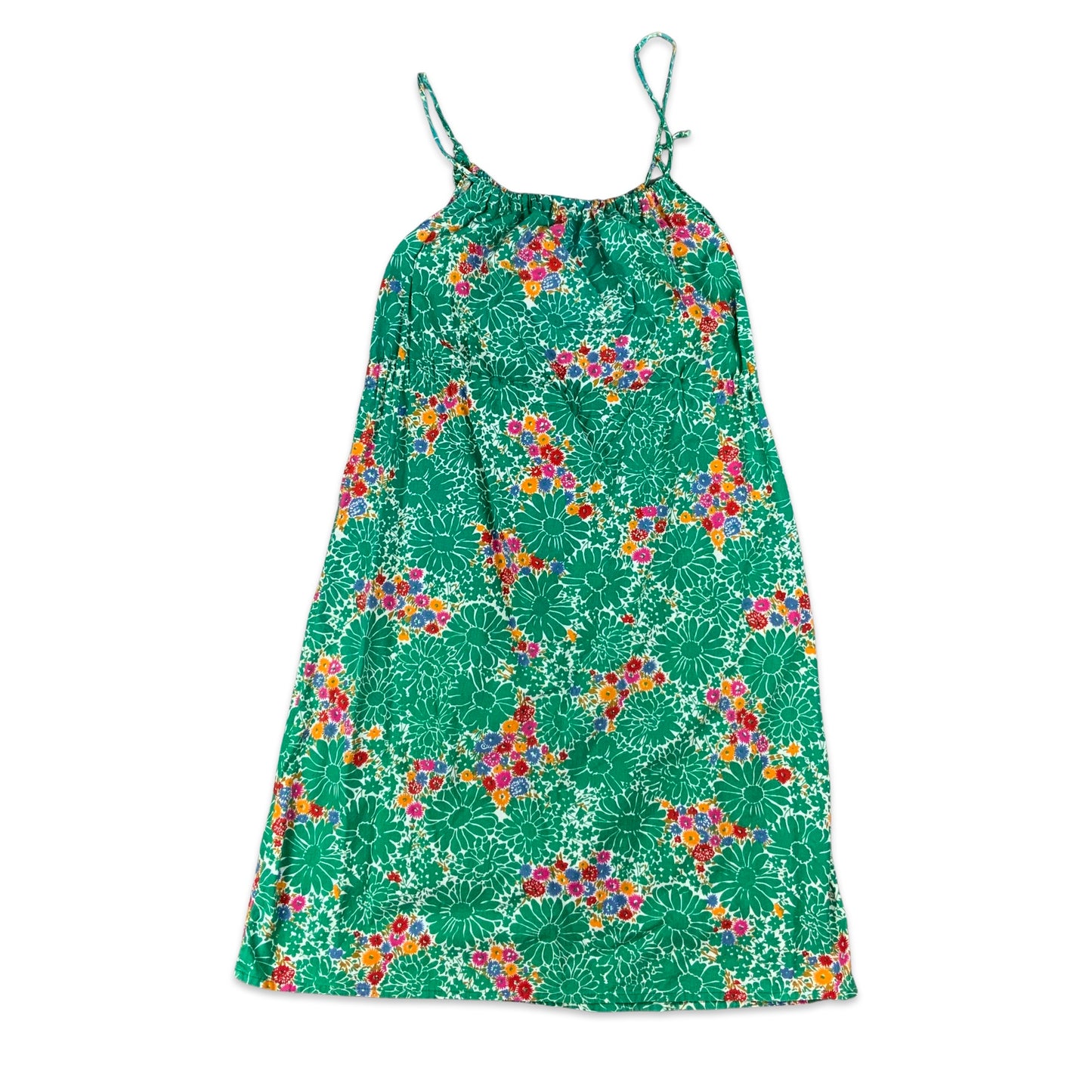 Vintage 70s Green Floral Summer Spaghetti Strap Dress 12 14