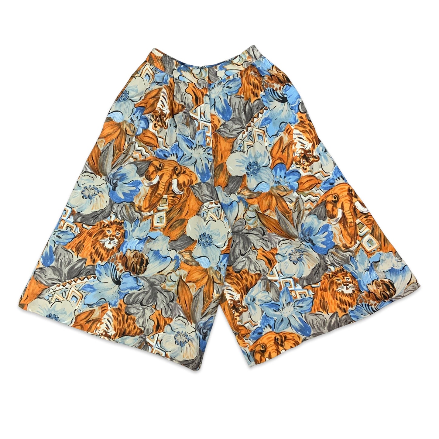 Vintage 80s Blue Grey & Orange Safari Novelty Print Wide Leg Culottes 6 8