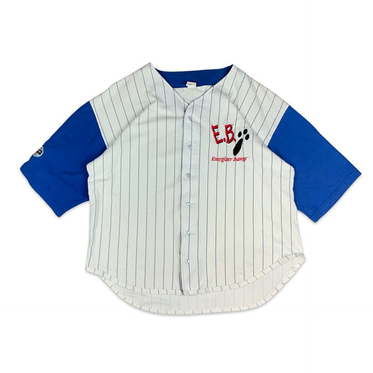 Vintage 90s Blue White Stripe Energizer Bunny Baseball Jersey L XL