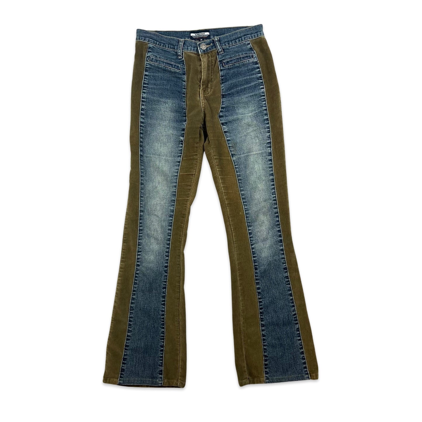 Y2K Vintage Blue Brown Cord Panel Flared Jeans 10