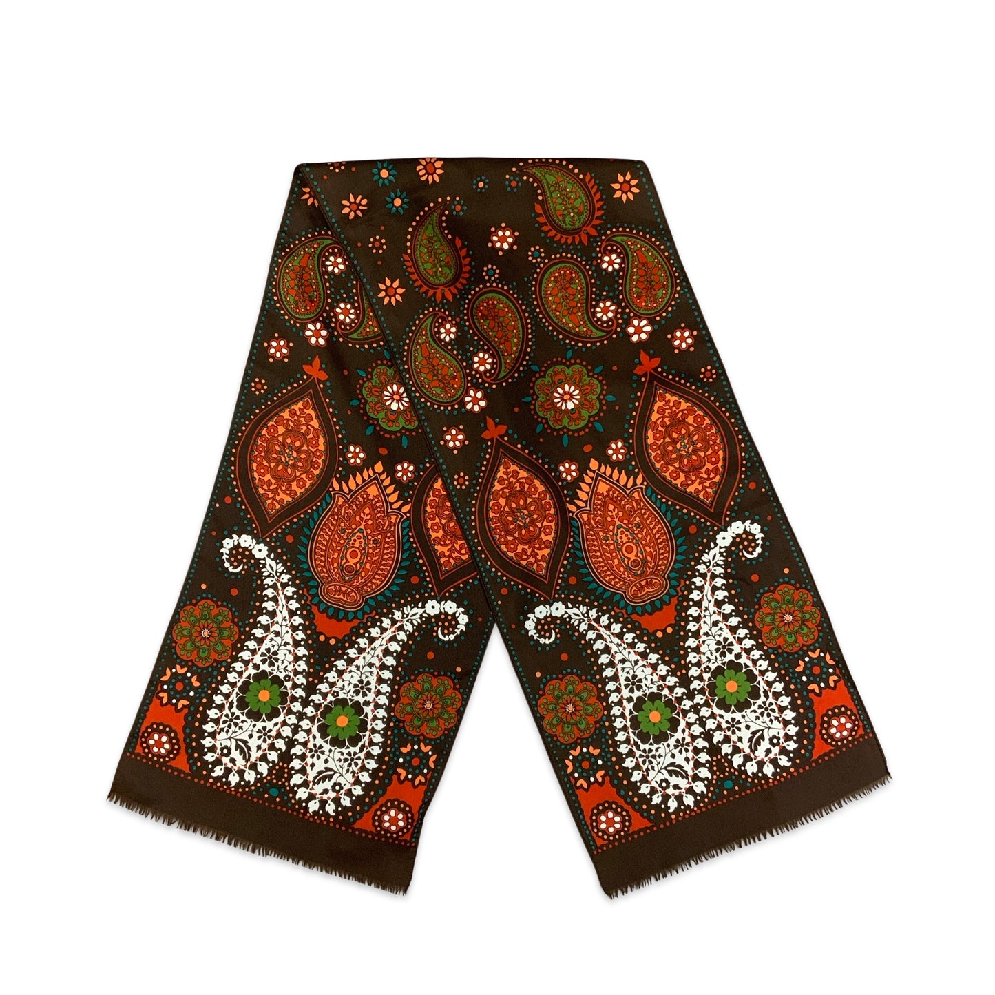 Vintage 70s Brown Green Orange Blue Psychedelic Paisley Print Scarf