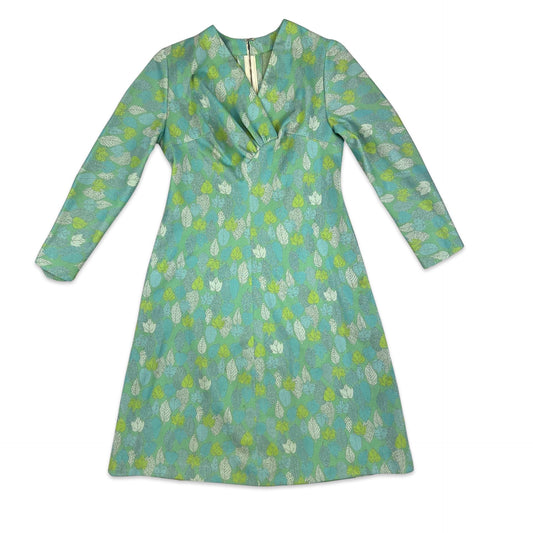 70s Vintage Lurex Leaf Pattern Dress Green Blue 8 10 12