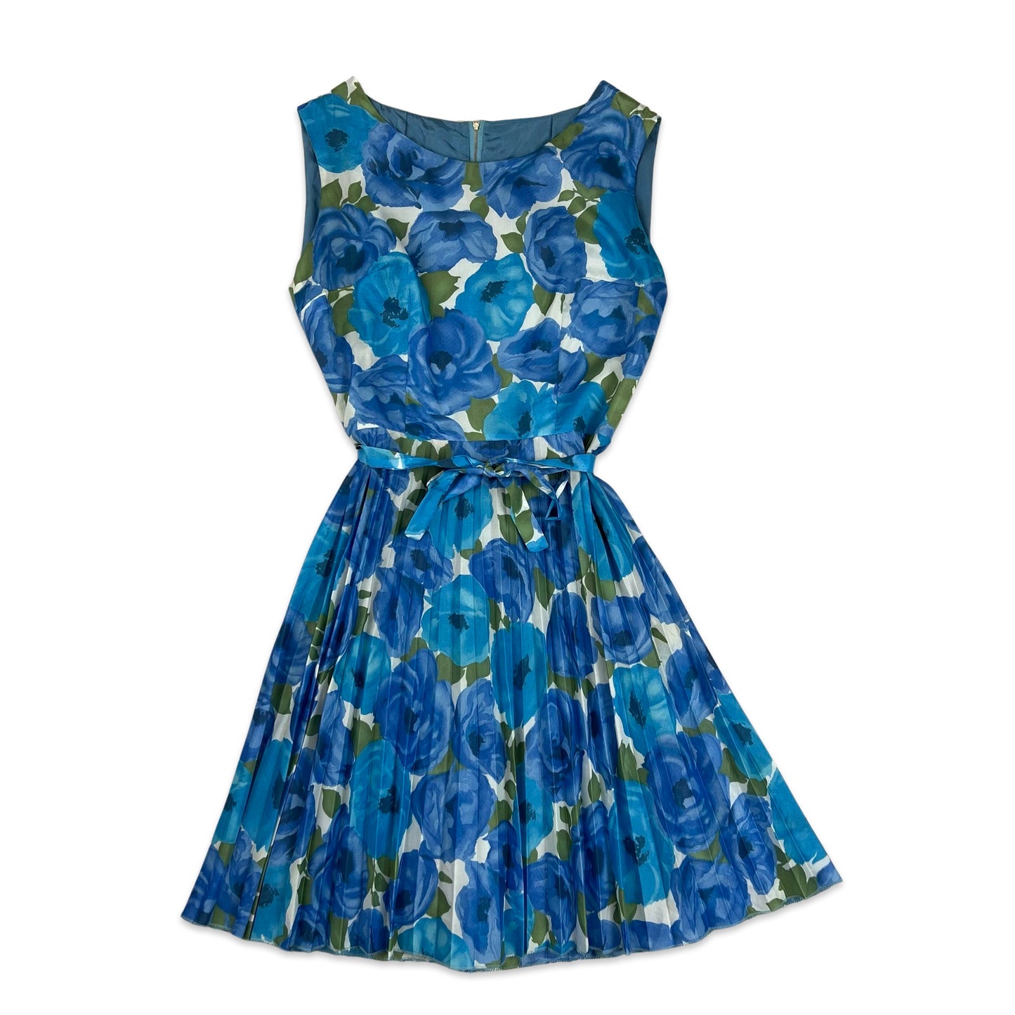 60s Vintage Pleated Floral Skater Dress Blue White Green 8 10 12