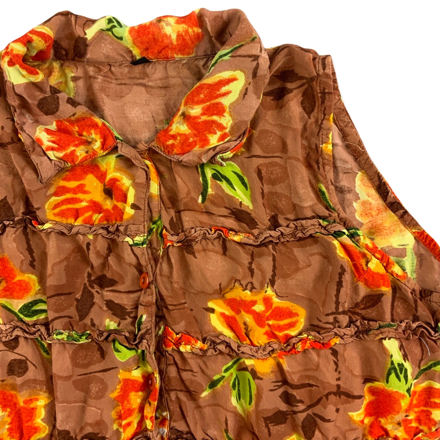 Vintage Brown and Orange Botanical Print Sleeveless Blouse 8 10