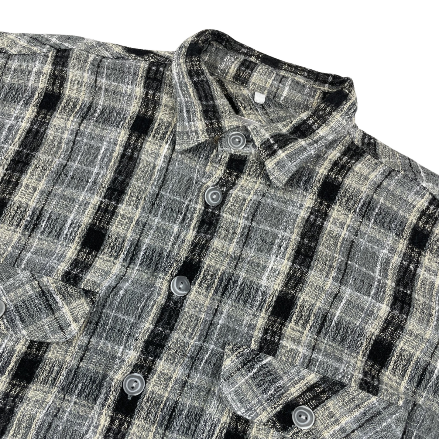 Vintage Grey and Black Plaid Textured Flannel Shirt L