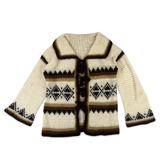 70s Vintage Knit Patterned Cardigan Flared Sleeves Cream Brown 14 16 18