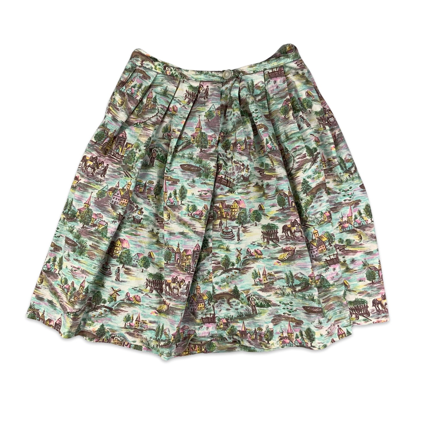 Vintage Pleated Multicolour Village Print Skirt 10