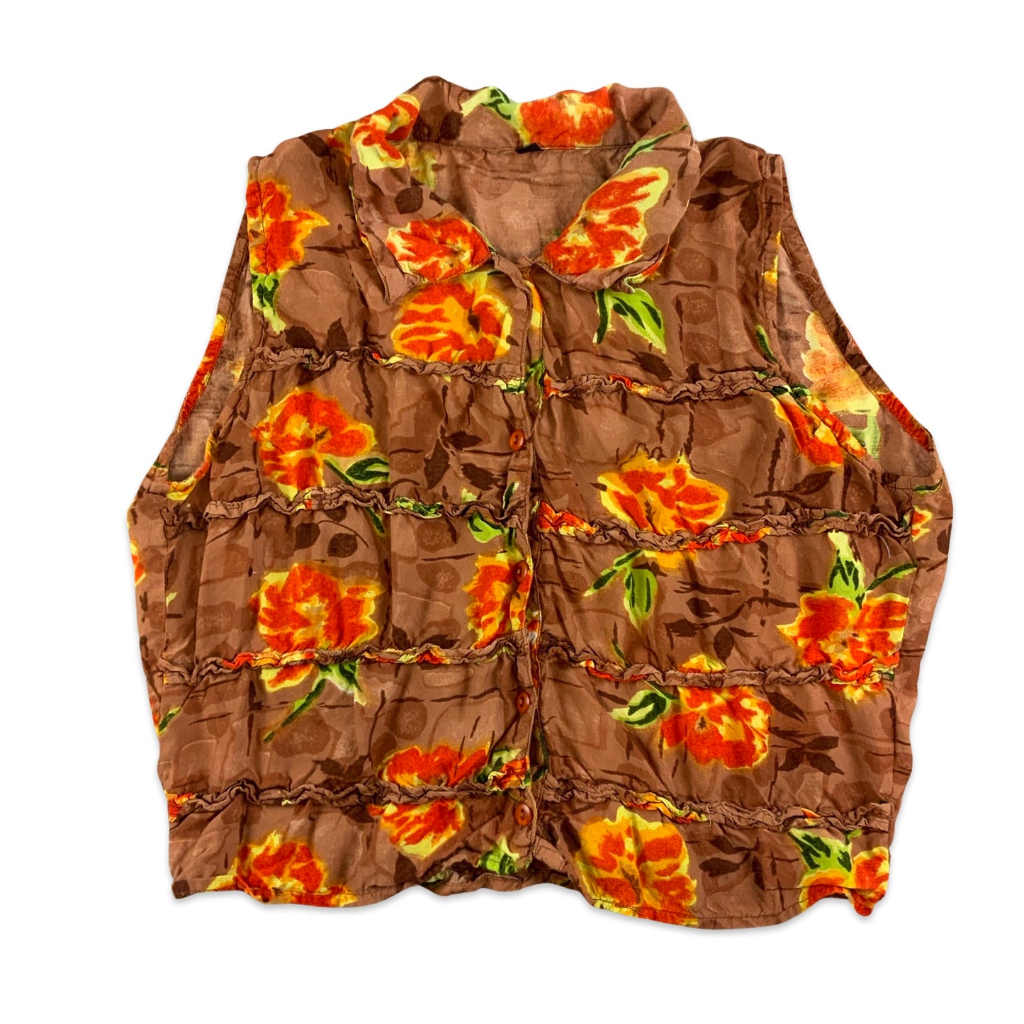 Vintage Brown and Orange Botanical Print Sleeveless Blouse 8 10