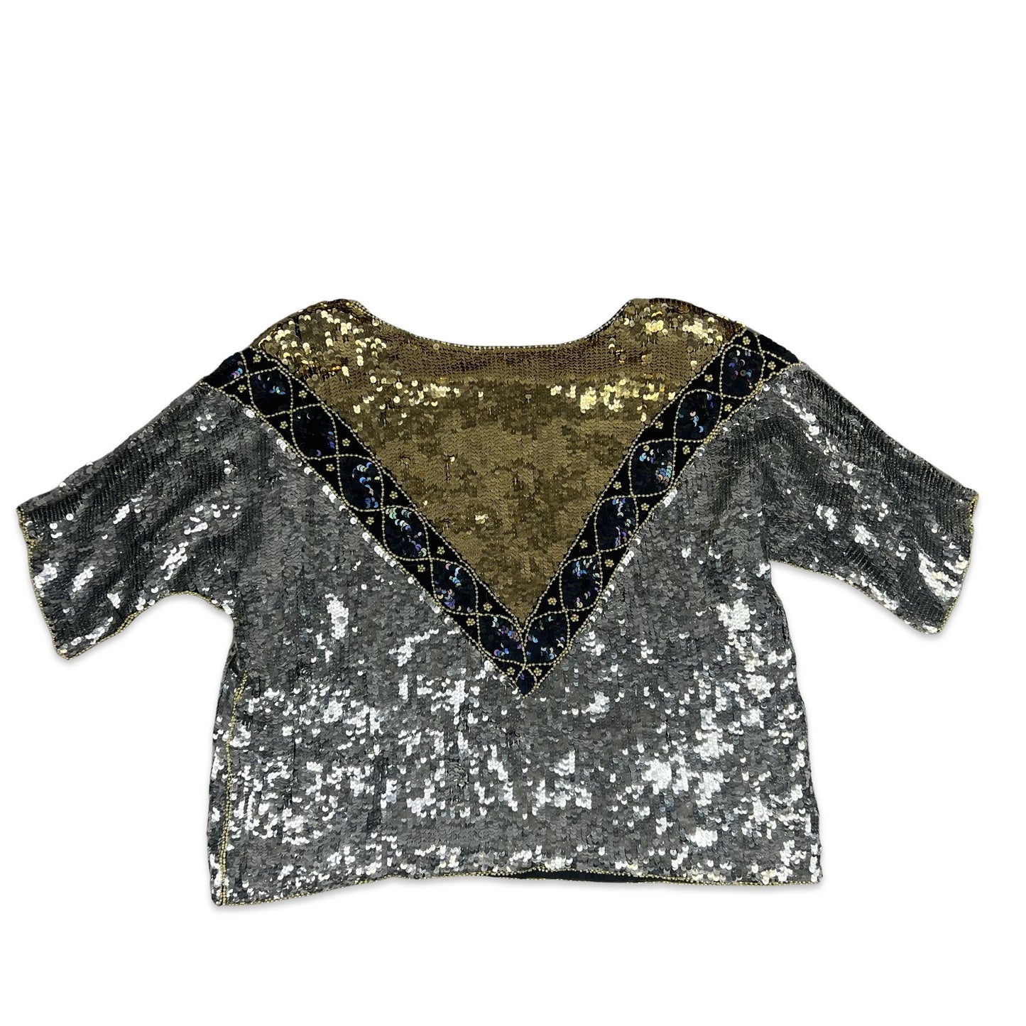 Vintage 80s Boxy Oversized Sequin Blouse Silver Gold Black 16