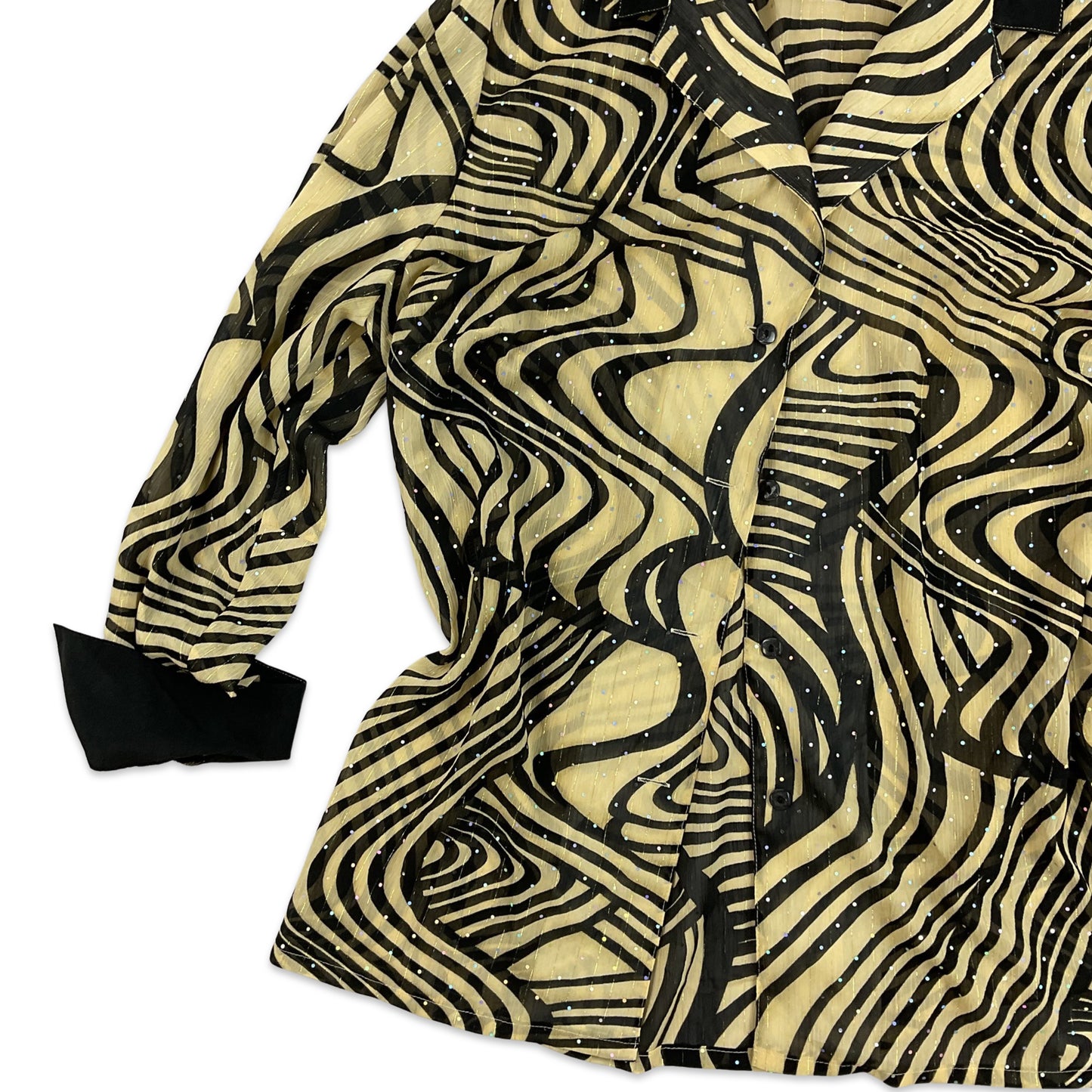 Vintage Y2K Trippy Pattern Collared Metallic Gold Black Blouse 16 18