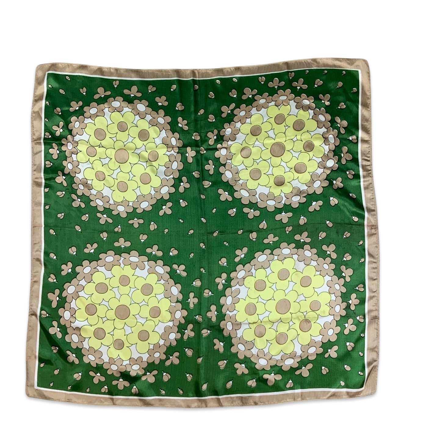 Vintage 60s Green Yellow Brown Floral Silk Scarf