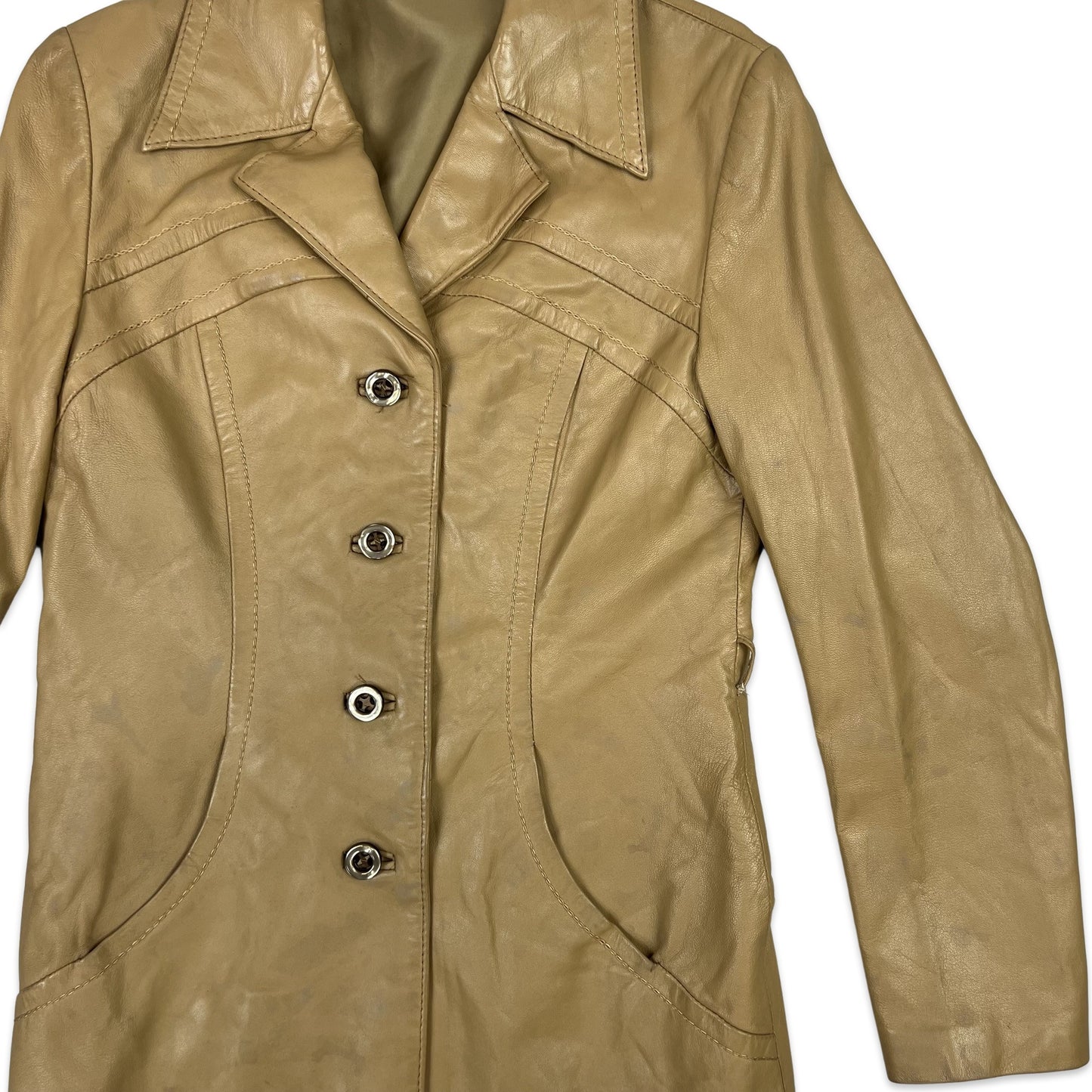 Vintage Short Leather Blazer Jacket Beige 6 8