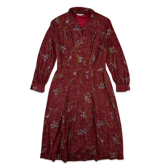 90s Vintage Burgundy Floral Midi Dress 8