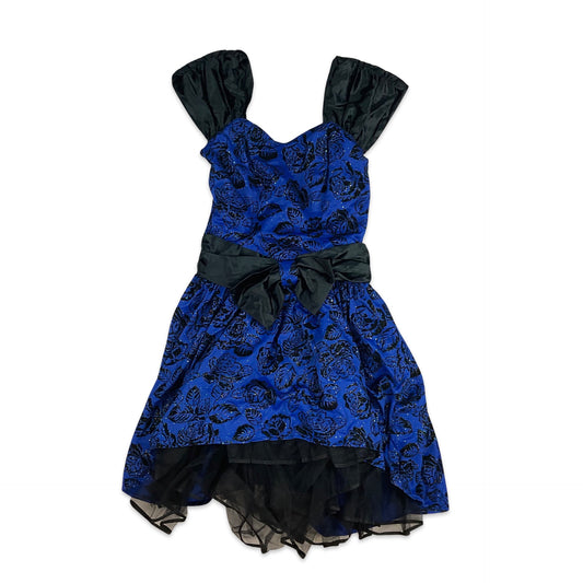 Vintage 80s Blue and Black Floral Party Dress  8 10 12