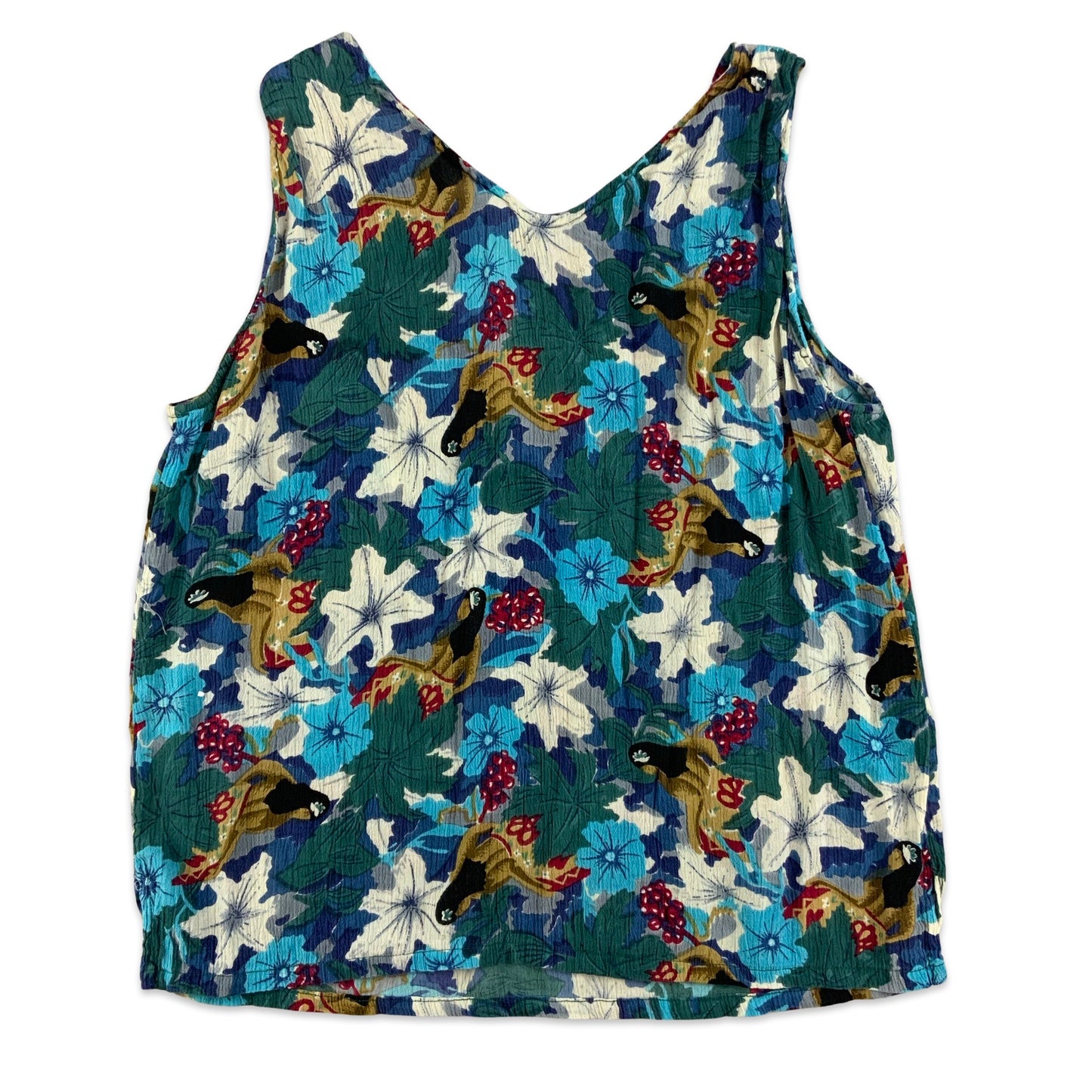 Vintage Navy Blue & Green Botanical Print Sleeveless Top 12 14