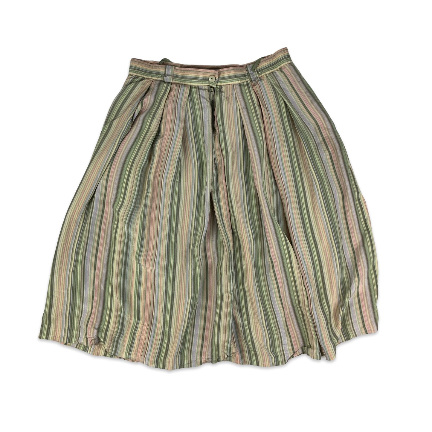 Vintage Green & Pink Striped Pleated Midi Skirt 14