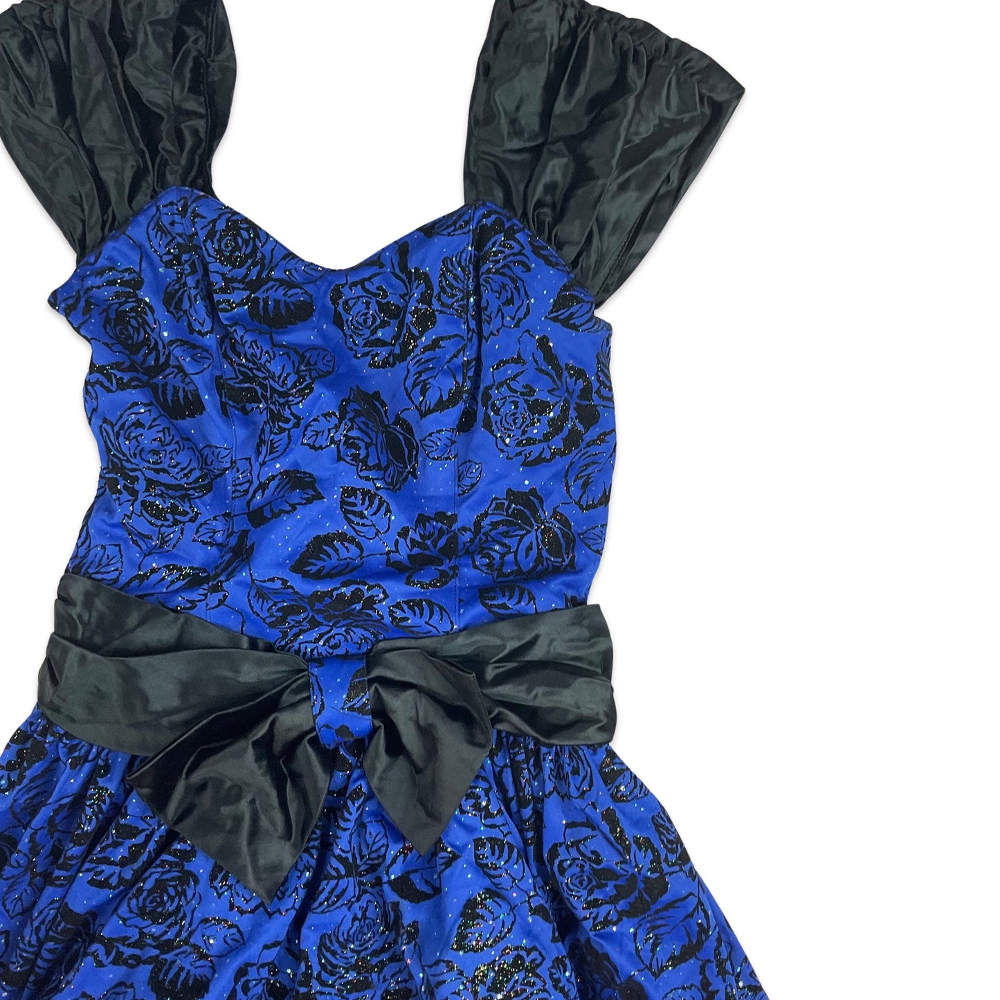 Vintage 80s Blue and Black Floral Party Dress  8 10 12