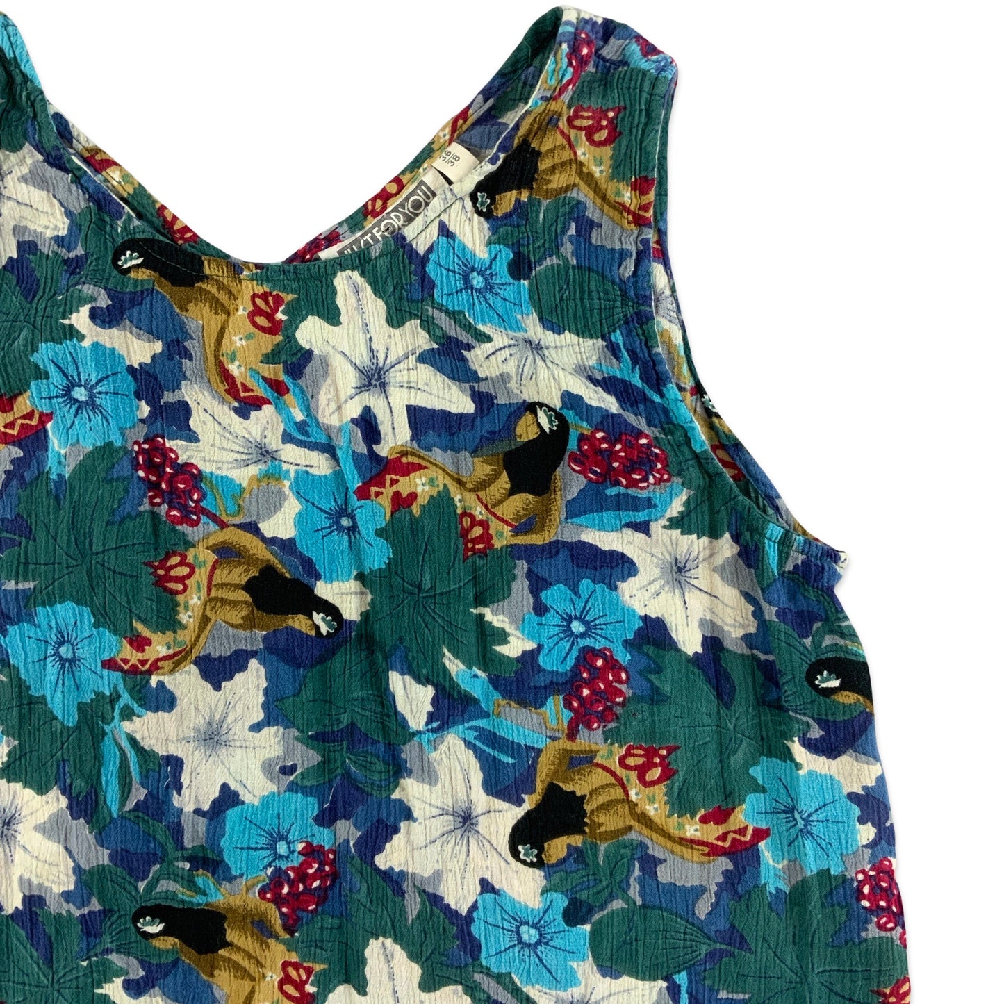 Vintage Navy Blue & Green Botanical Print Sleeveless Top 12 14