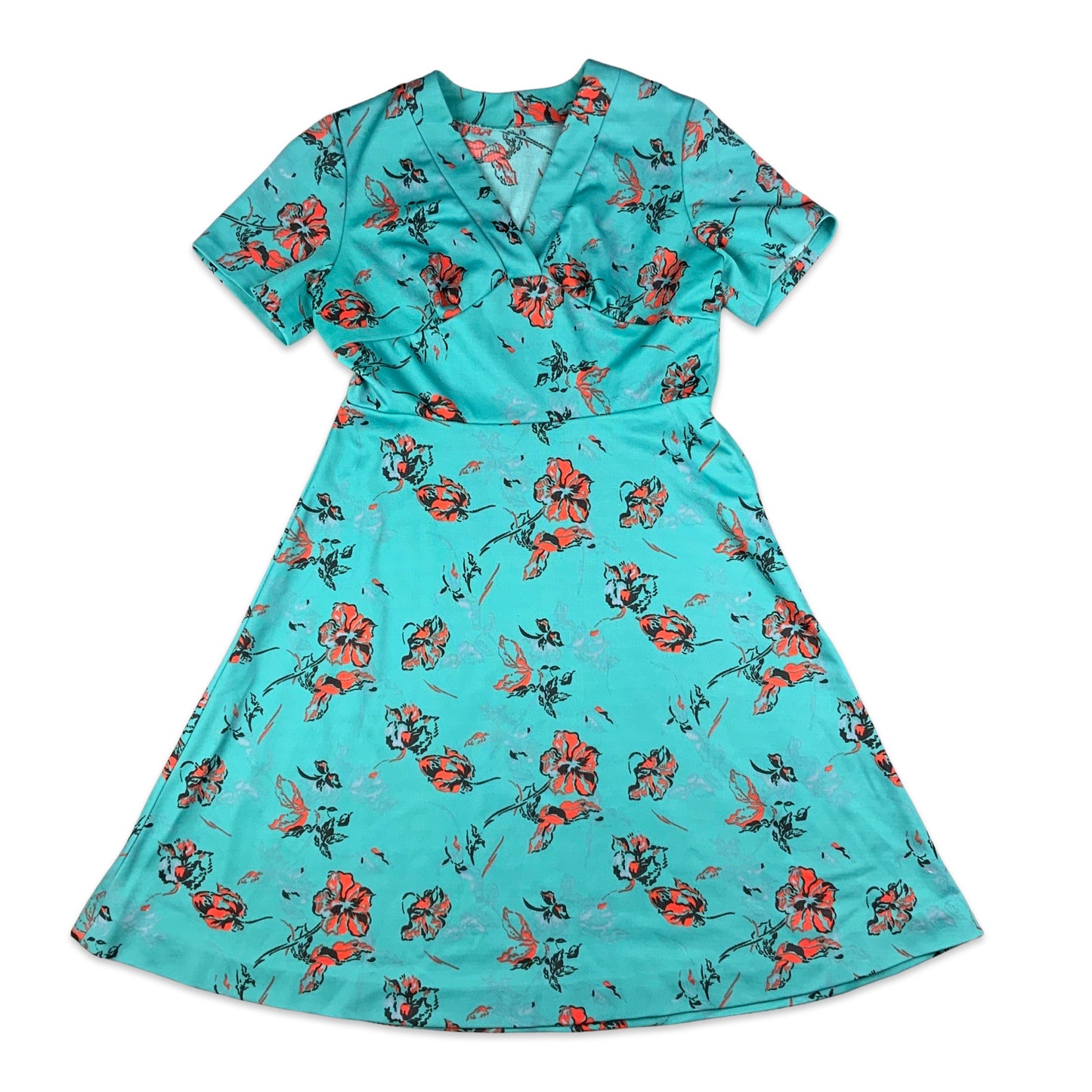 Vintage 70s Teal Orange Floral Print A-Line Dress 16