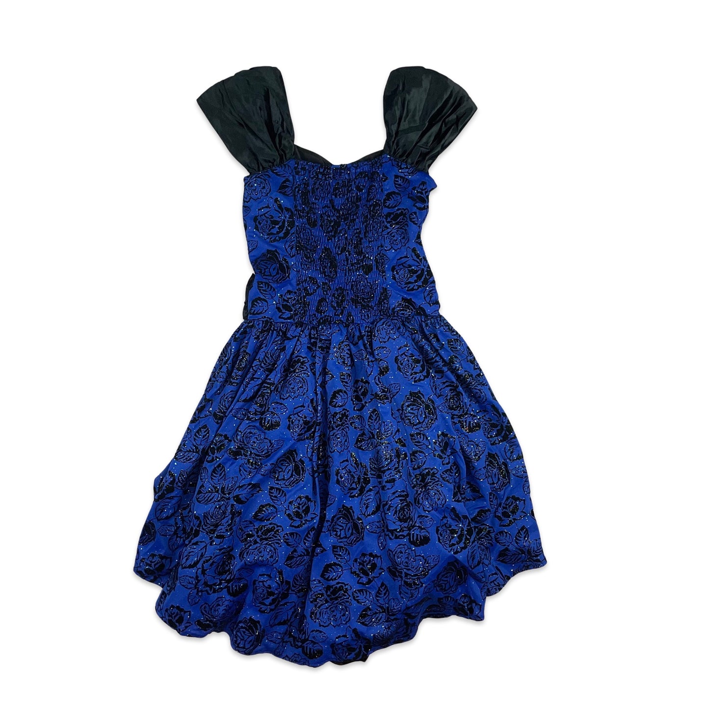 Vintage 80s Blue and Black Floral Party Dress  8 10 12