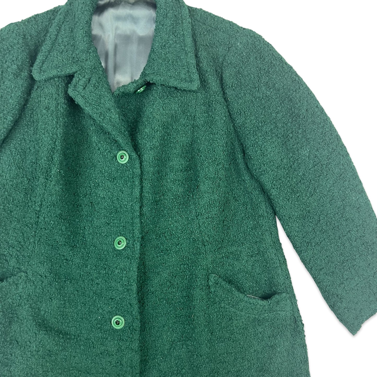 Vintage 70s Wool Bouclé Midi Coat Green 14 16 18