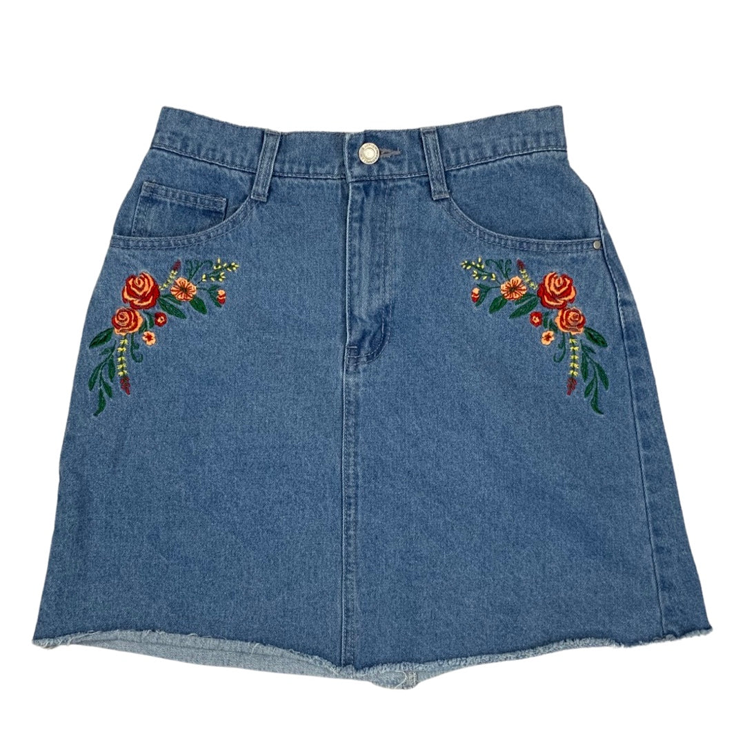 Vintage 90s Embroidered Blue Denim Mini Skirt 10