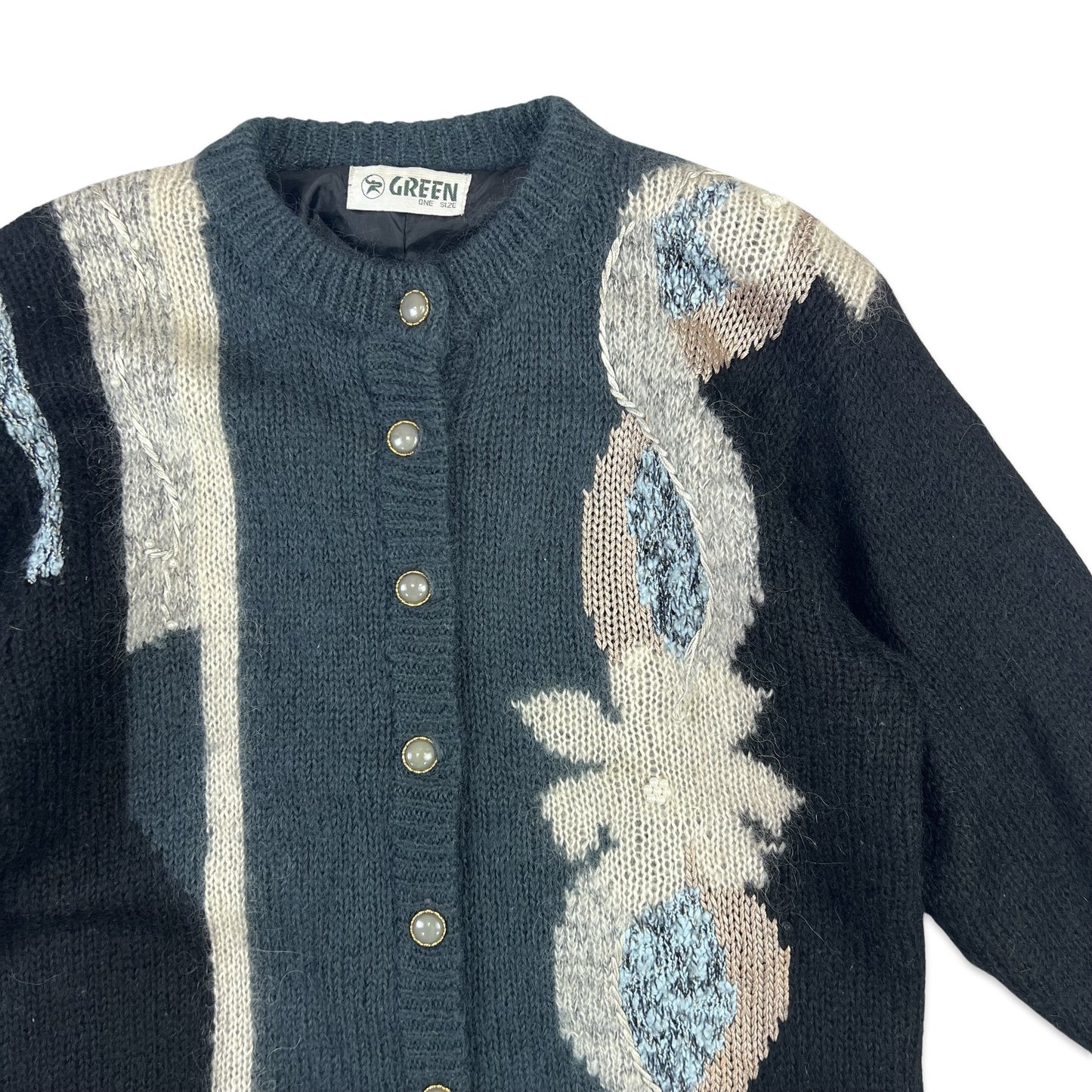 Vintage Cardigan Embroidered Floral Black Cream Blue 12 14 16