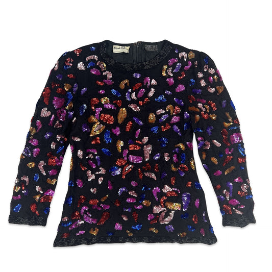 Vintage 80s Sequin Blouse Black Pink Blue Red 10 12