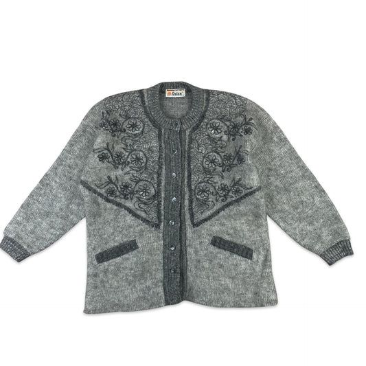 Vintage Embroidered Mohair Cardigan Grey 14 16 18