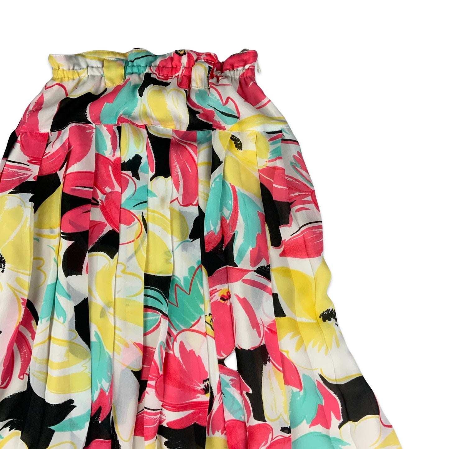 Vintage White Blue Yellow & Pink Abstract Print Pleated Midi Skirt 8 10 12 14 16