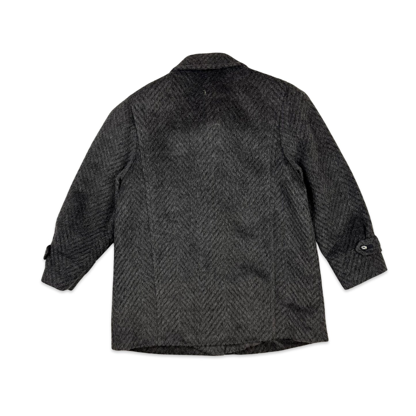 Vintage 80s Wool Midi Coat Charcoal Grey Herringbone 12 14