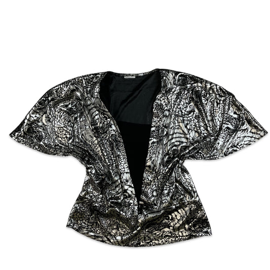 Vintage 80s Back Silver Butterfly Sleeve Metallic Lamé Animal Print Disco Blouse 12 14 16