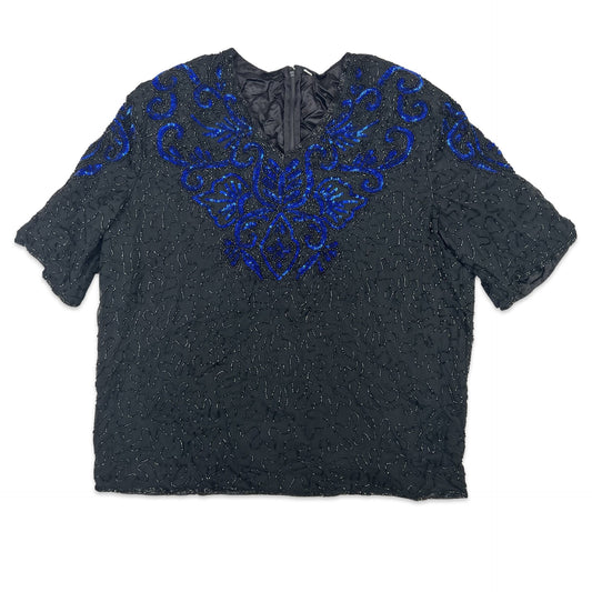 Vintage 80s Boxy Oversized Sequin Blouse Black Blue 14 16