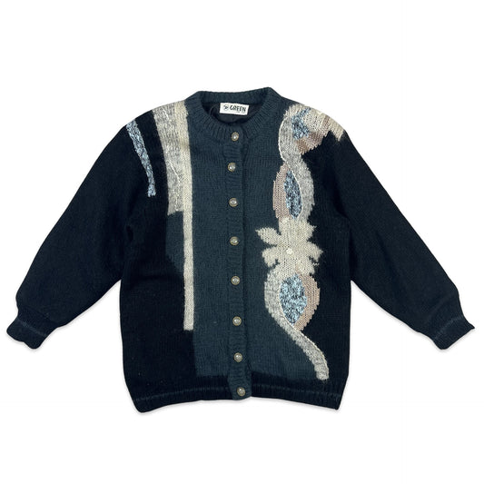 Vintage Cardigan Embroidered Floral Black Cream Blue 12 14 16