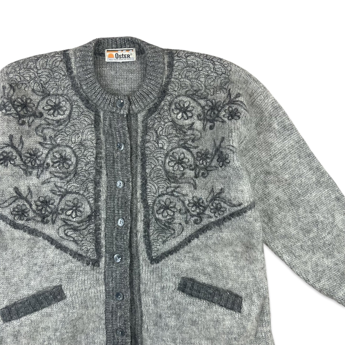 Vintage Embroidered Mohair Cardigan Grey 14 16 18