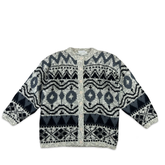 Vintage Mohair Cardigan Fair Isle Grey Black Blue 18 20 22