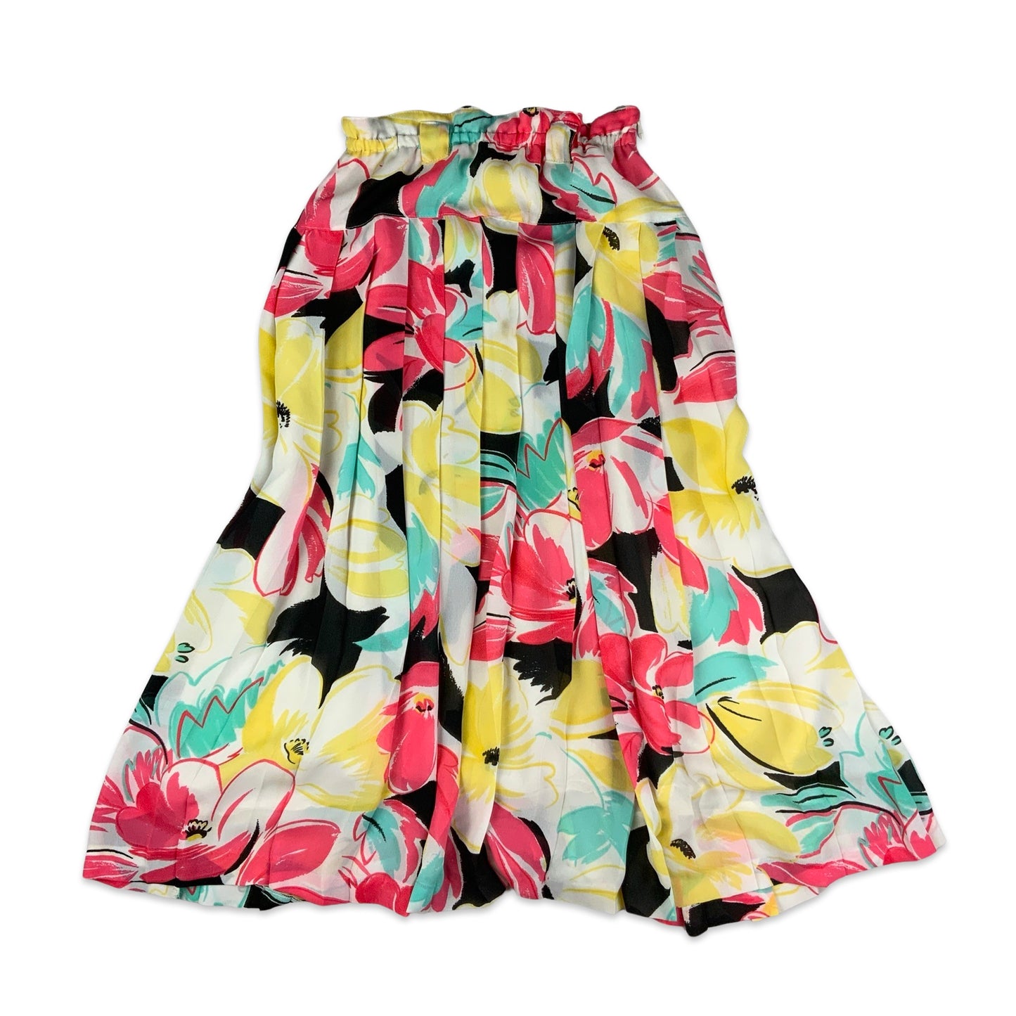 Vintage White Blue Yellow & Pink Abstract Print Pleated Midi Skirt 8 10 12 14 16