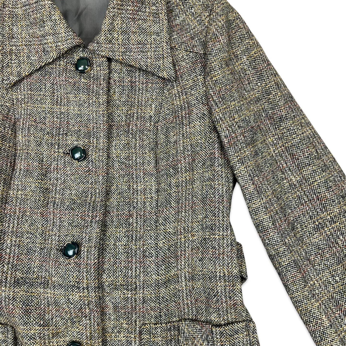 Vintage Midi Wool Herringbone Coat Grey Blue Red 8