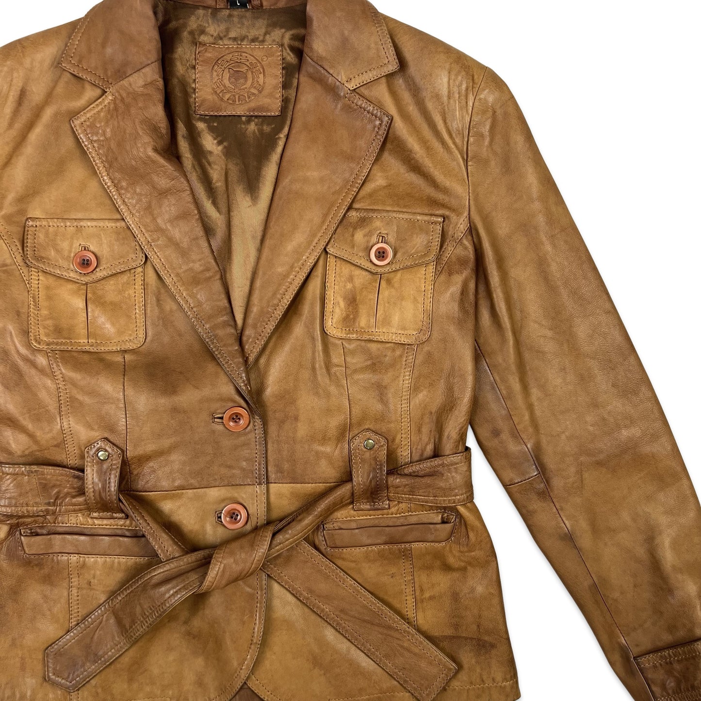 Vintage Short Leather Jacket Belted Tan 10 12