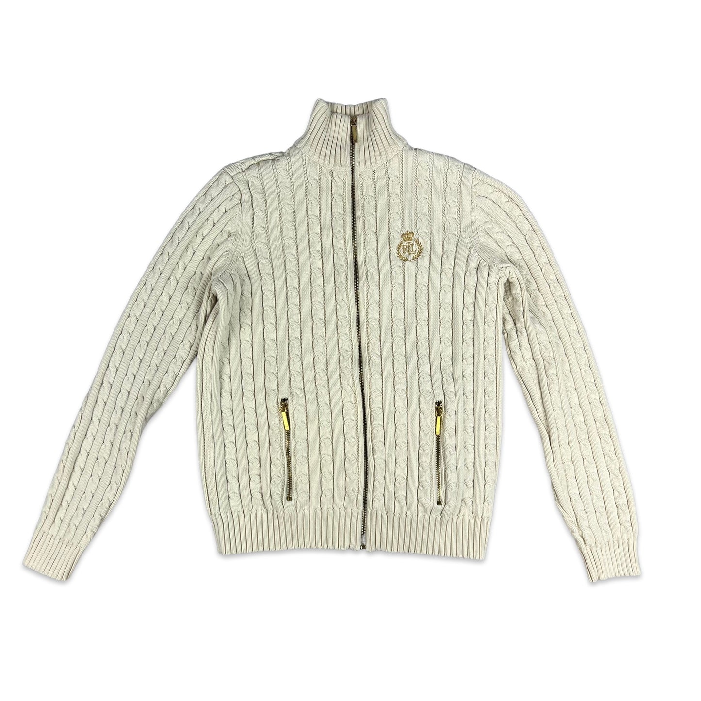 Vintage Ralph Lauren Zip Through Cable Knit Jumper Cream Gold 6 8 10