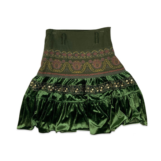 Vintage Y2K Green Corduroy and Velvet Tiered Midi Skirt 14