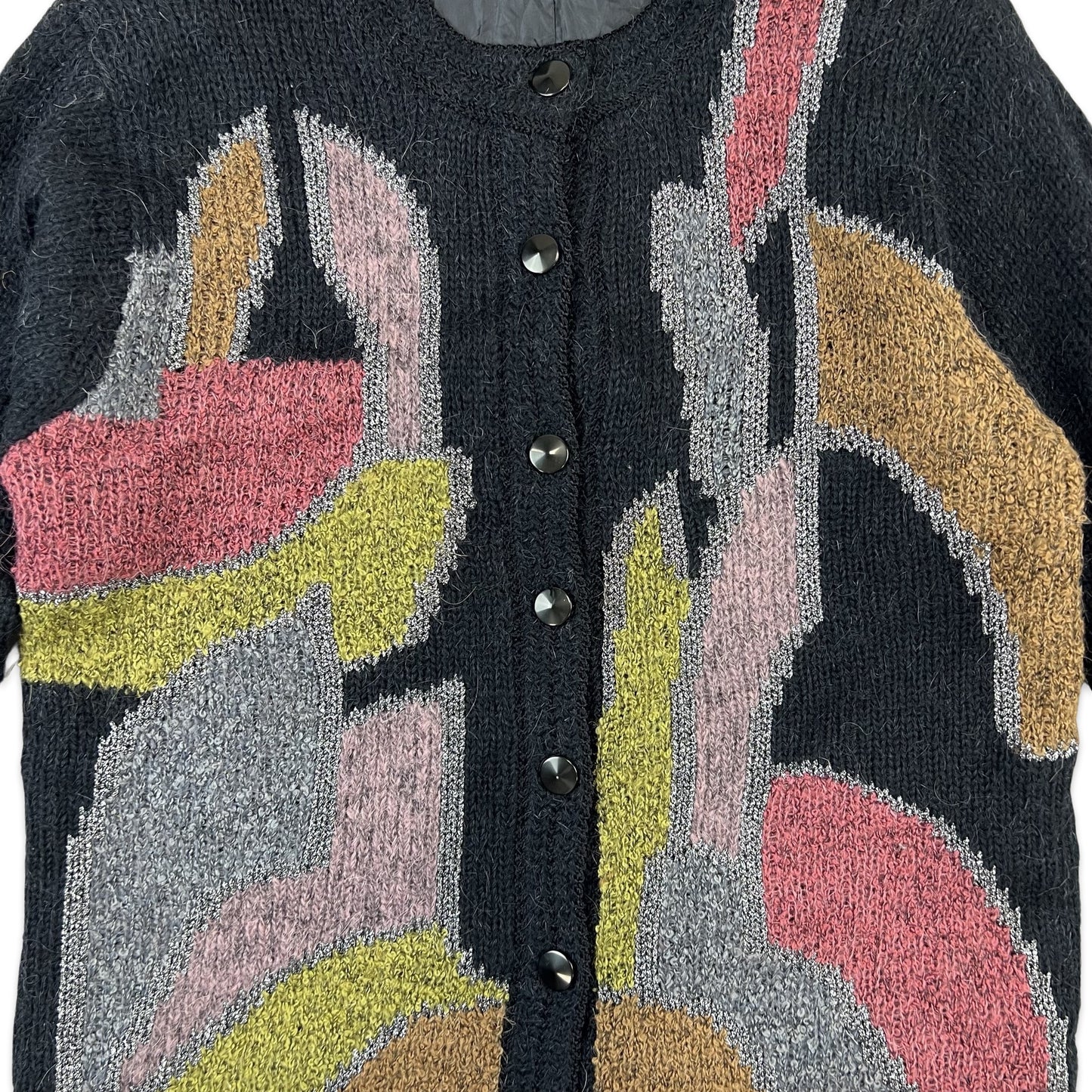 Vintage Abstract Print Cardigan Black Silver Pink Yellow 12 14 16