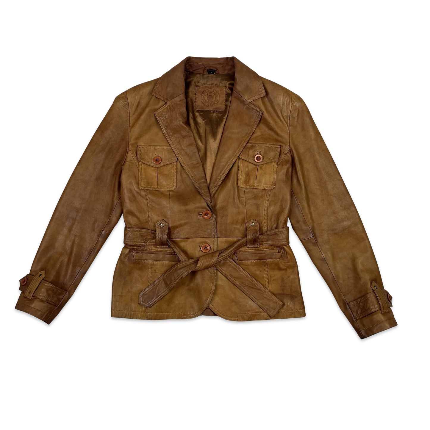 Vintage Short Leather Jacket Belted Tan 10 12