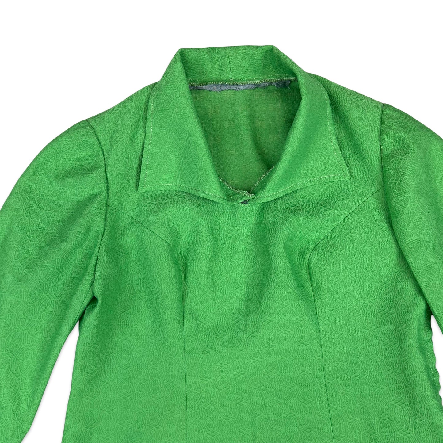 60s 70s Bright Green Vintage Geo Pattern Dagger Collar Shift Dress 10 12 14