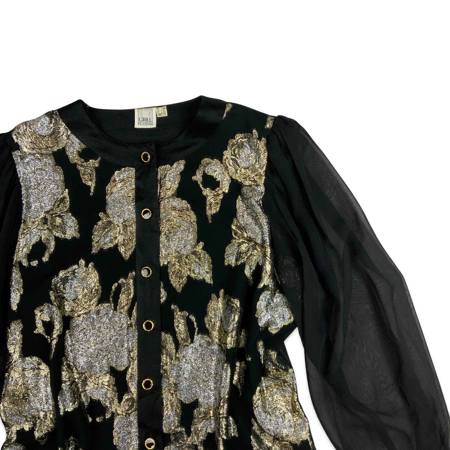 Vintage Black Silver and Gold Floral Lurex Button-up Blouse 14 16 18