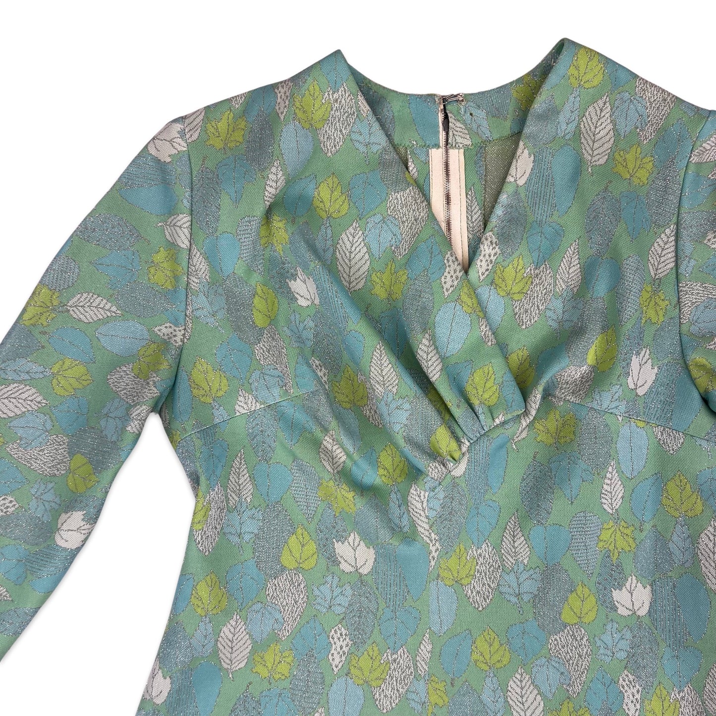 70s Vintage Lurex Leaf Pattern Dress Green Blue 8 10 12