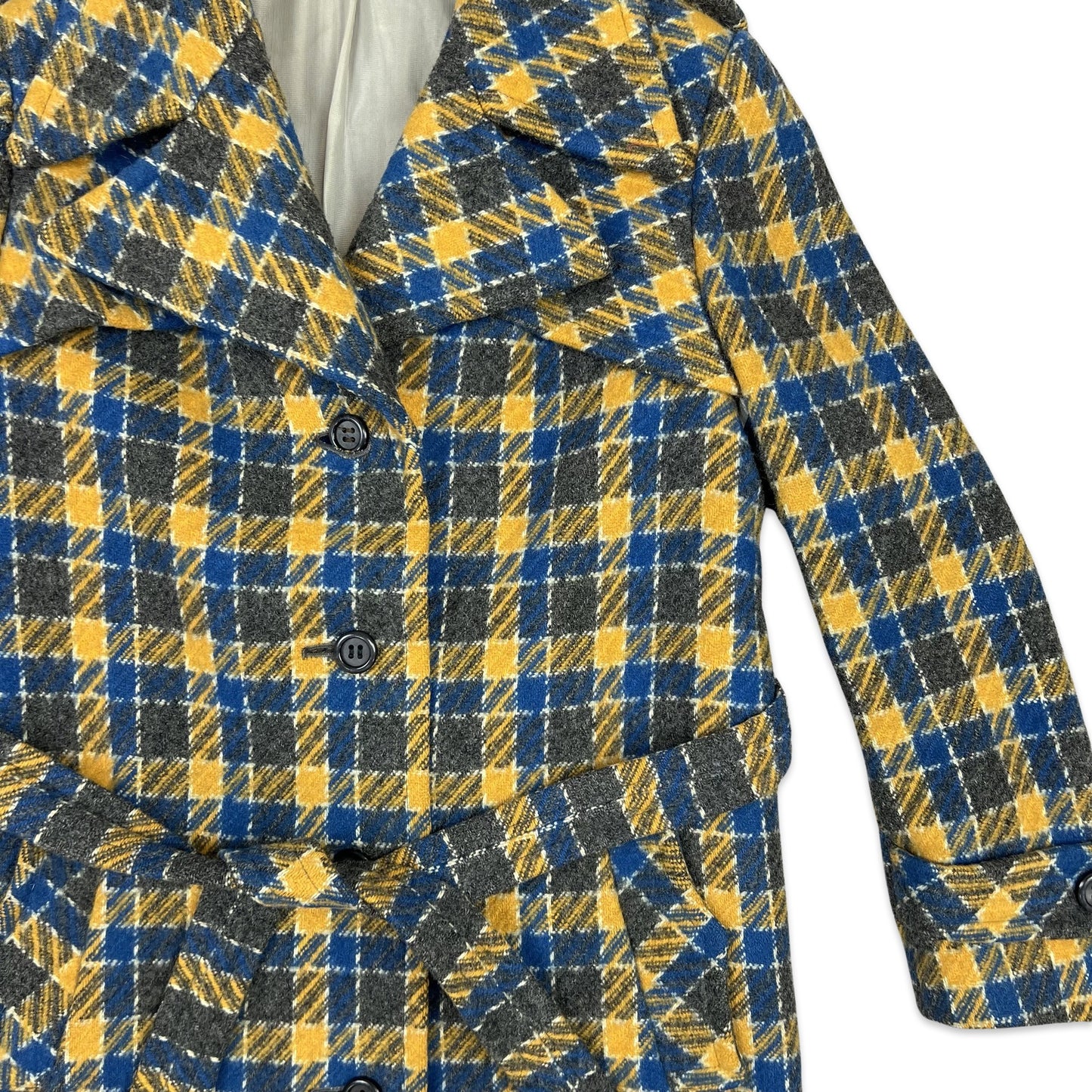 Vintage 70s Wool Midi Coat Blue Yellow Charcoal Tartan Check 6 8