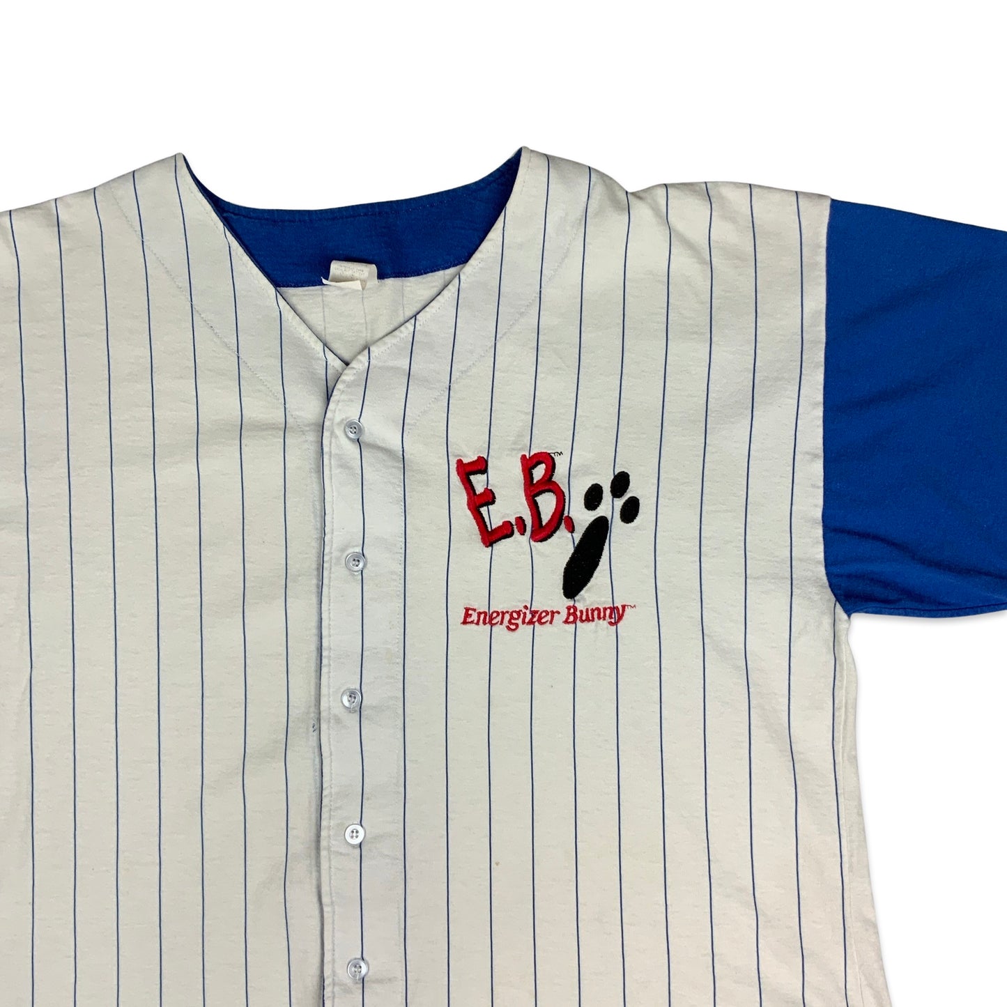Vintage 90s Blue White Stripe Energizer Bunny Baseball Jersey L XL